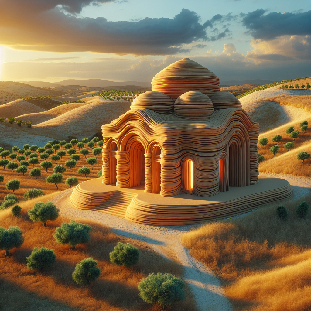 Hyperrealistic 3D printed clay house in Mediterranean countryside at golden hour, showcasing sustainable earthen architecture and natural harmony.