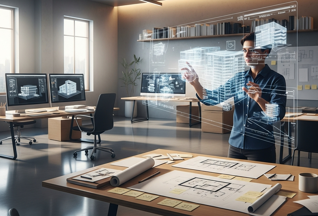 Hyperrealistic minimalist 2026 architect studio with human designer using holographic AI to craft 3D building models in morning light.