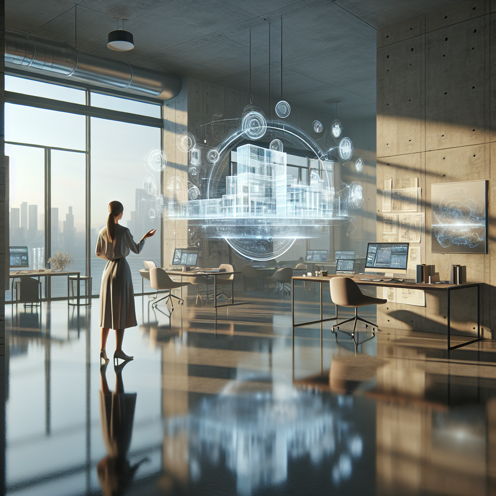 Hyperrealistic minimalist 2026 architect studio with human designer using holographic AI to craft 3D building models in morning light.
