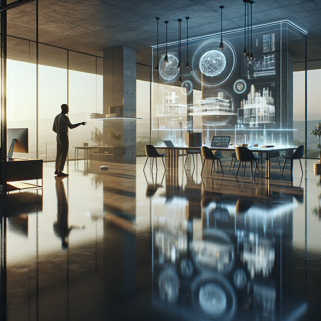 Hyperrealistic minimalist 2026 architect studio with human designer using holographic AI to craft 3D building models in morning light.