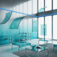 Hyperrealistic futuristic living room in Frutiger Aero style with translucent glass furniture, chrome details, gradient aqua-silver walls, and blue lighting.