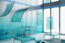 Hyperrealistic futuristic living room in Frutiger Aero style with translucent glass furniture, chrome details, gradient aqua-silver walls, and blue lighting.