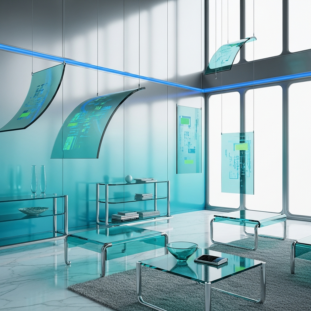 Hyperrealistic futuristic living room in Frutiger Aero style with translucent glass furniture, chrome details, gradient aqua-silver walls, and blue lighting.