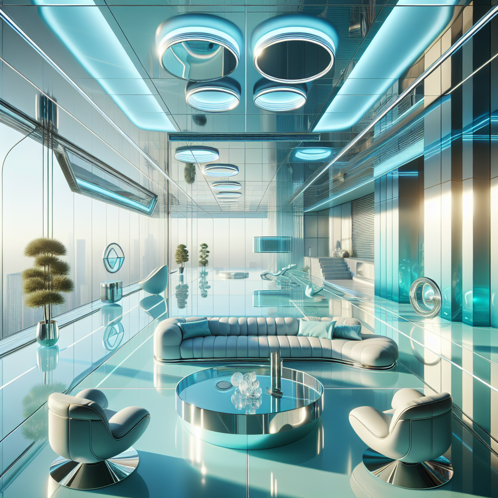 Hyperrealistic futuristic living room in Frutiger Aero style with translucent glass furniture, chrome details, gradient aqua-silver walls, and blue lighting.