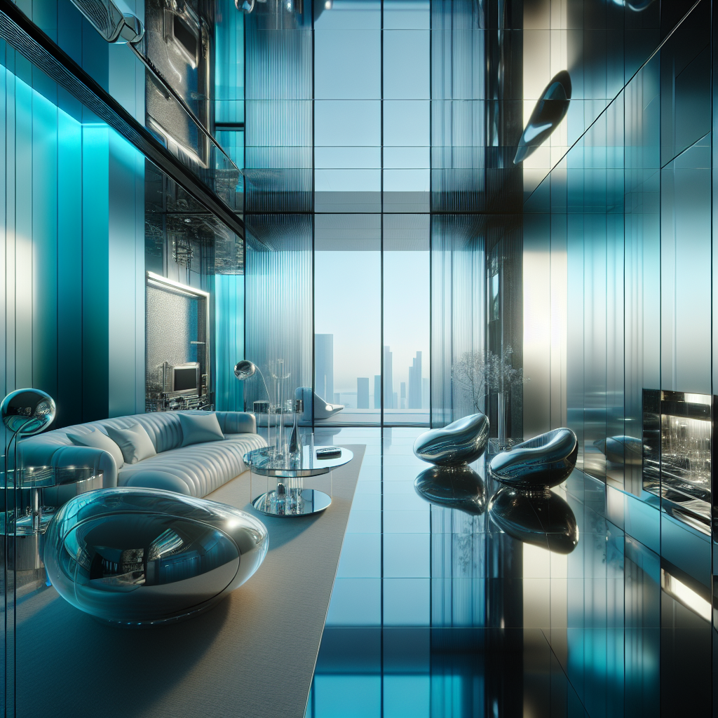 Hyperrealistic futuristic living room in Frutiger Aero style with translucent glass furniture, chrome details, gradient aqua-silver walls, and blue lighting.
