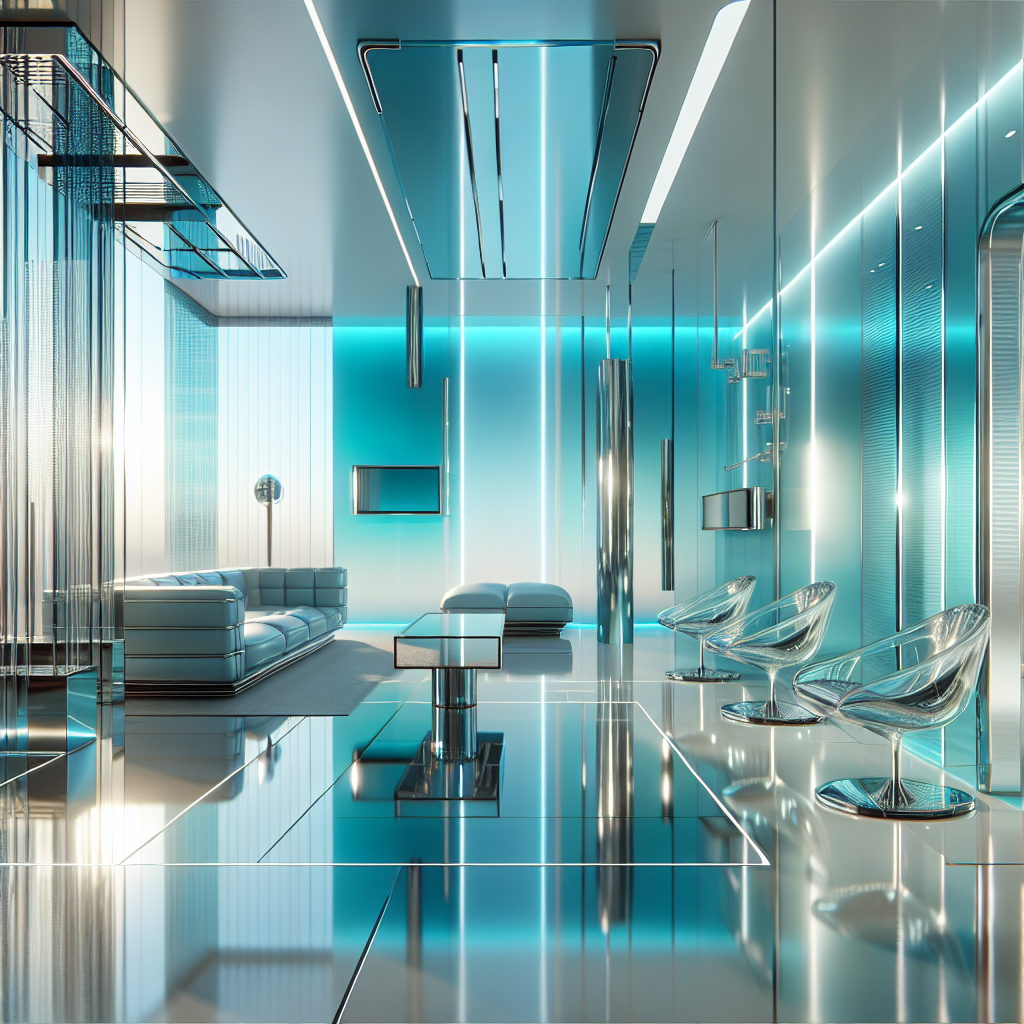 Hyperrealistic futuristic living room in Frutiger Aero style with translucent glass furniture, chrome details, gradient aqua-silver walls, and blue lighting.