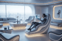 Hyperrealistic futuristic living space with adaptive furniture, bioluminescent lighting, and a cybernetic human interacting with a morphing chair.