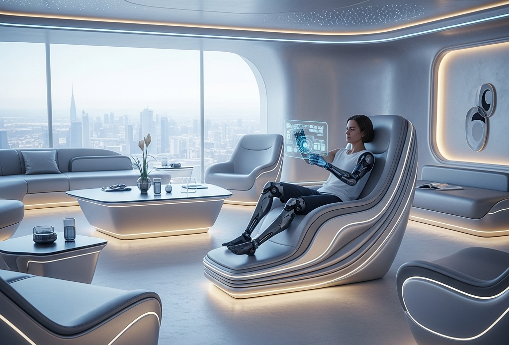 Hyperrealistic futuristic living space with adaptive furniture, bioluminescent lighting, and a cybernetic human interacting with a morphing chair.