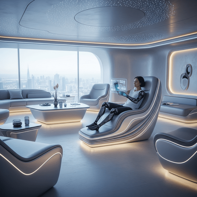 Hyperrealistic futuristic living space with adaptive furniture, bioluminescent lighting, and a cybernetic human interacting with a morphing chair.