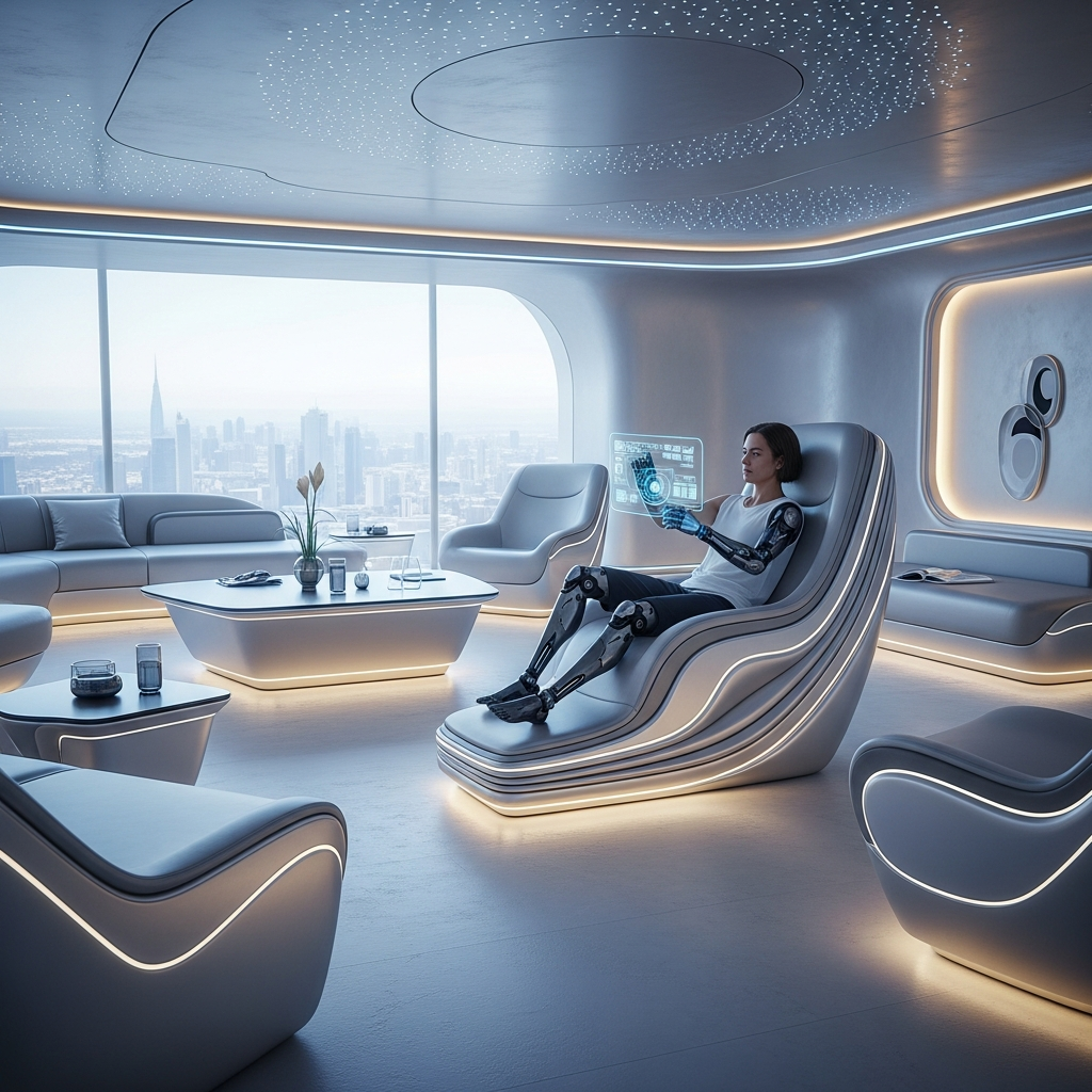 Hyperrealistic futuristic living space with adaptive furniture, bioluminescent lighting, and a cybernetic human interacting with a morphing chair.
