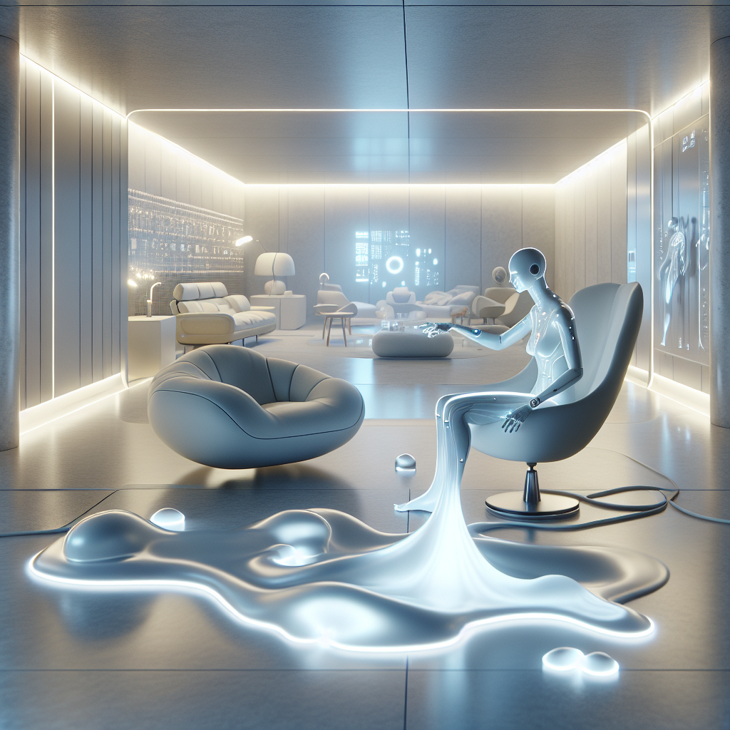 Hyperrealistic futuristic living space with adaptive furniture, bioluminescent lighting, and a cybernetic human interacting with a morphing chair.