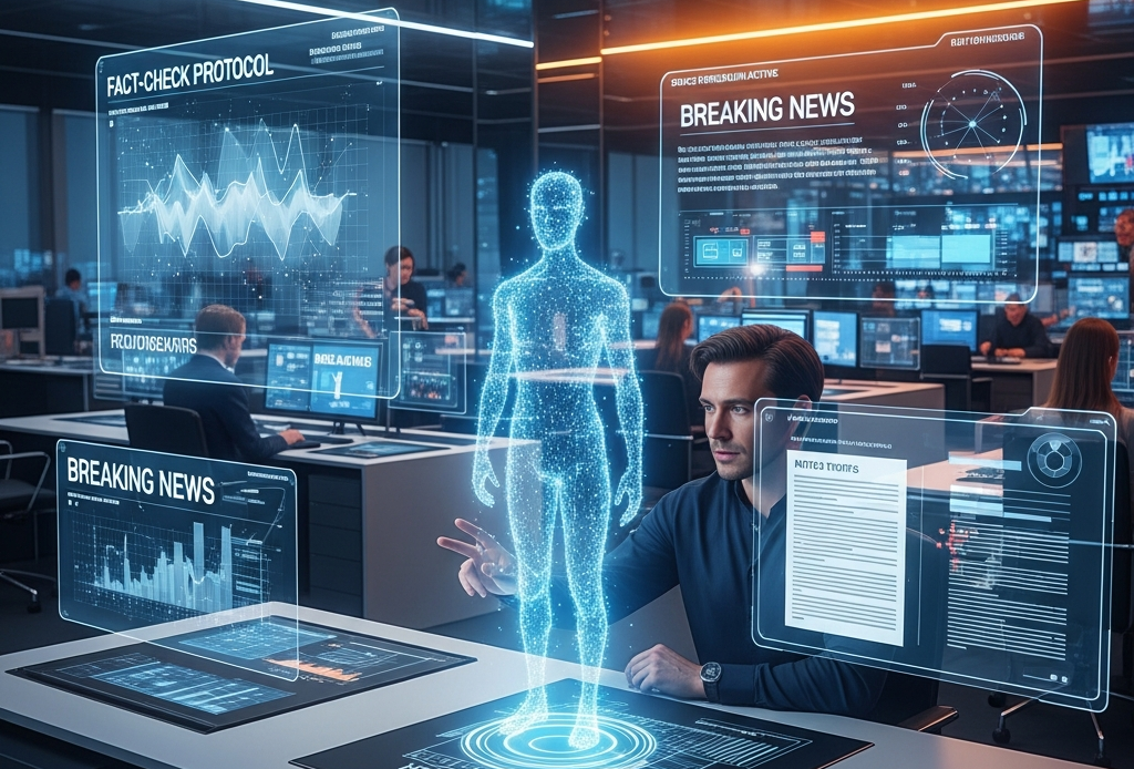 Hyperrealistic futuristic newsroom 2026 with holographic monitors, AI assistant, journalist, modern design, ethics and digital journalism.