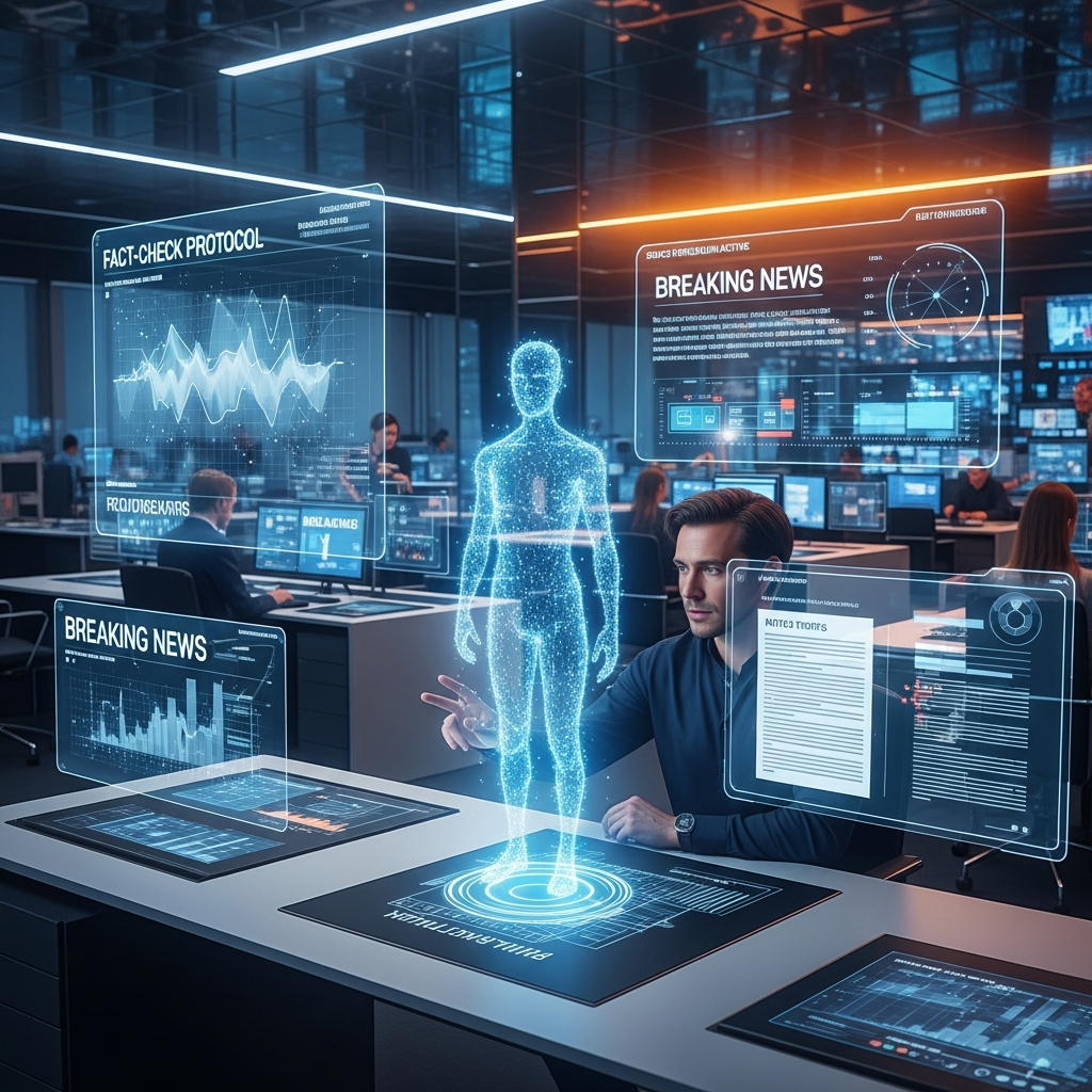 Hyperrealistic futuristic newsroom 2026 with holographic monitors, AI assistant, journalist, modern design, ethics and digital journalism.