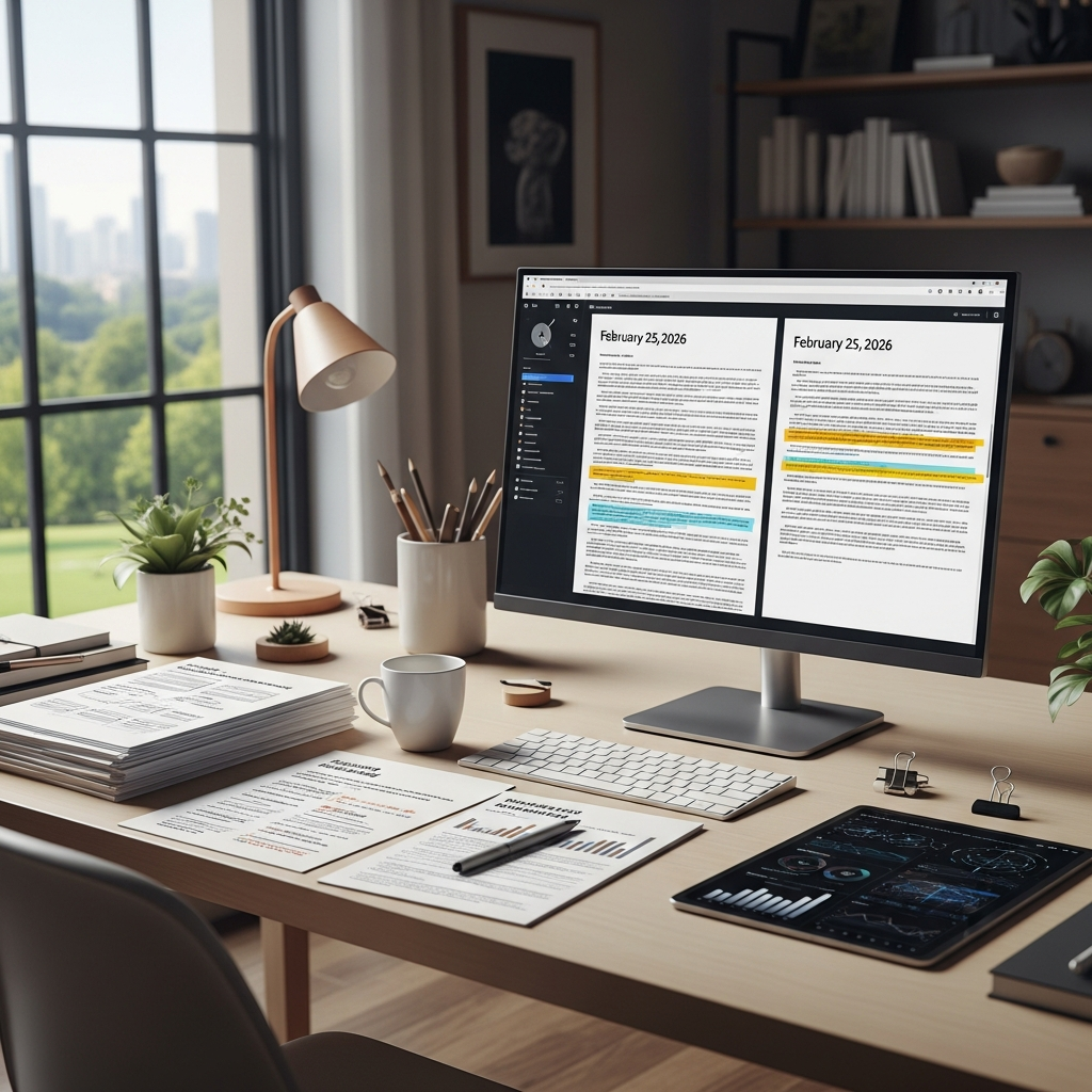 Hyperrealistic modern research writer workspace with daylight, computer showing notes dated February 25, 2026, papers, coffee mug, and tablet graphs.