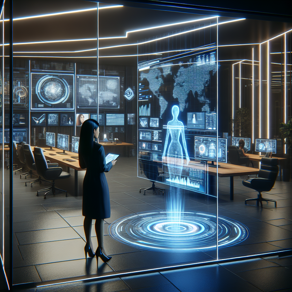 Hyperrealistic futuristic newsroom 2026 with holographic monitors, AI assistant, journalist, modern design, ethics and digital journalism.