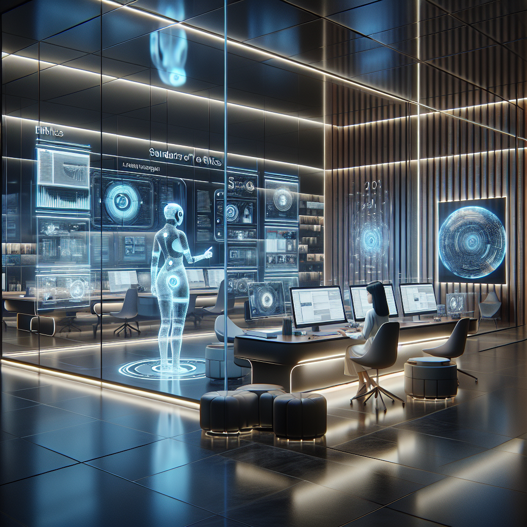 Hyperrealistic futuristic newsroom 2026 with holographic monitors, AI assistant, journalist, modern design, ethics and digital journalism.