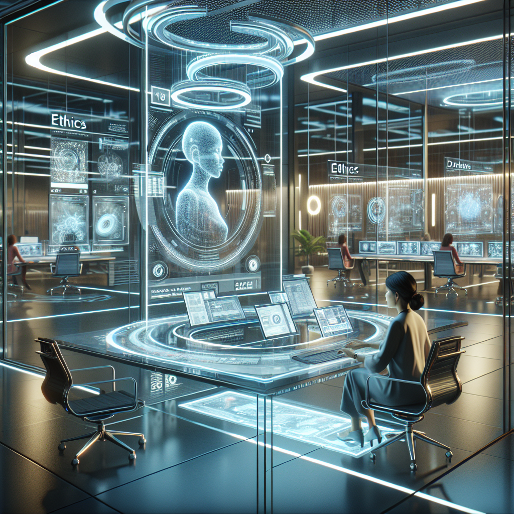 Hyperrealistic futuristic newsroom 2026 with holographic monitors, AI assistant, journalist, modern design, ethics and digital journalism.