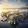 Hyperrealistic futuristic floating city at sunrise with wooden and glass eco-structures, solar panels, and green roofs reflecting on calm water.