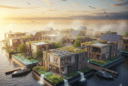 Hyperrealistic futuristic floating city at sunrise with wooden and glass eco-structures, solar panels, and green roofs reflecting on calm water.