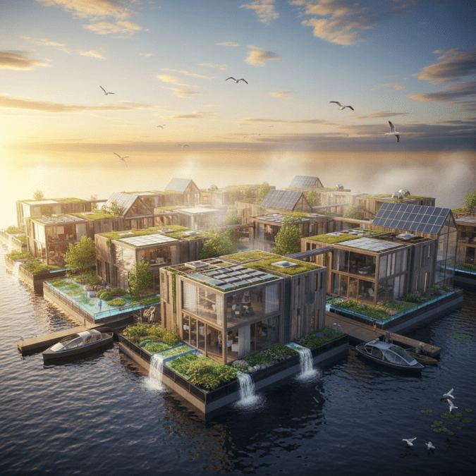 Hyperrealistic futuristic floating city at sunrise with wooden and glass eco-structures, solar panels, and green roofs reflecting on calm water.
