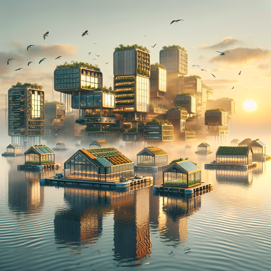 Hyperrealistic futuristic floating city at sunrise with wooden and glass eco-structures, solar panels, and green roofs reflecting on calm water.