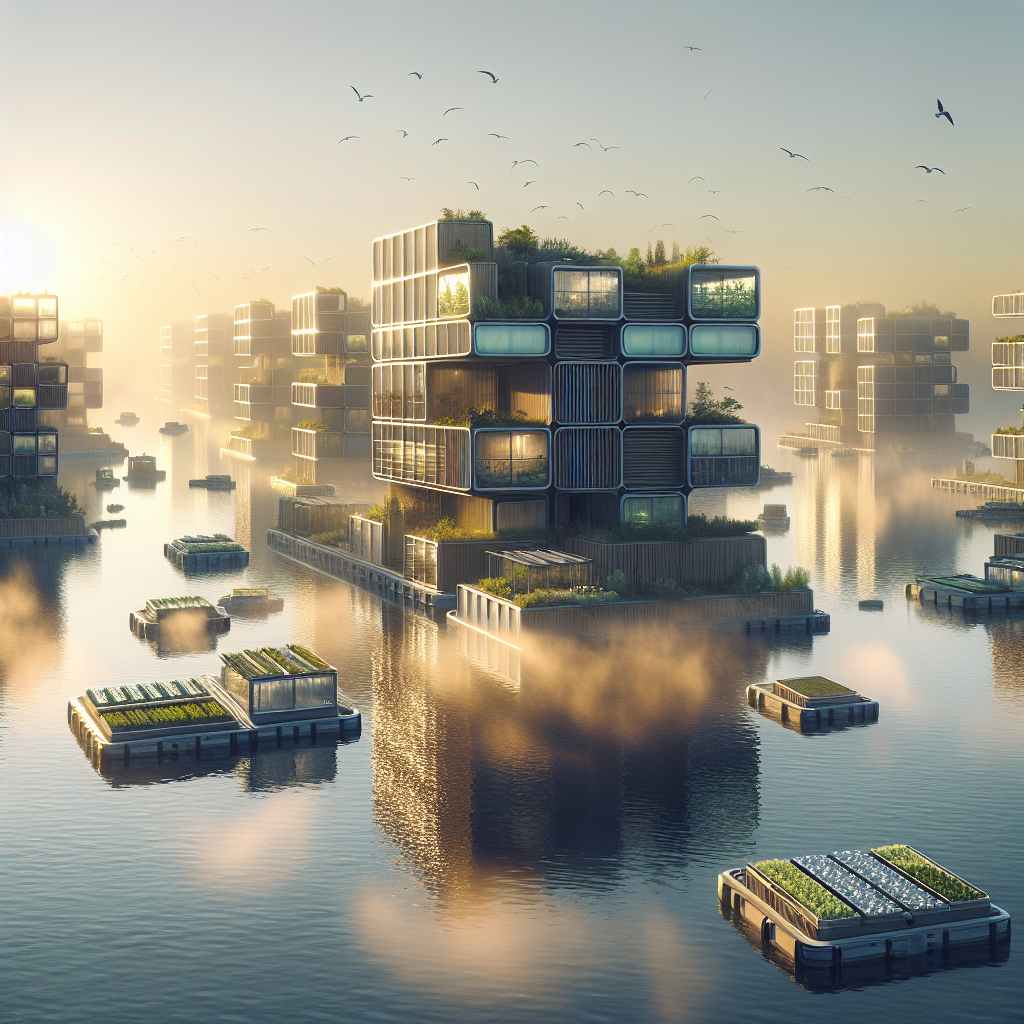 Hyperrealistic futuristic floating city at sunrise with wooden and glass eco-structures, solar panels, and green roofs reflecting on calm water.
