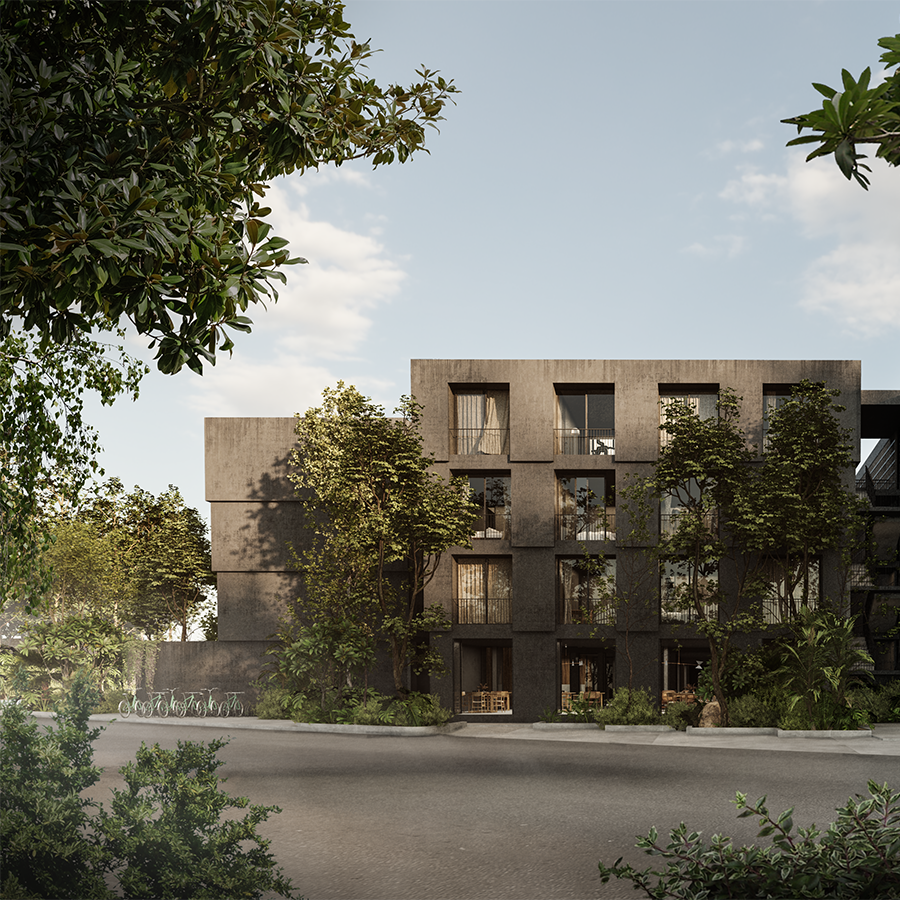 Editorial photograph of a contemporary affordable housing complex near a Mediterranean tourism district, early morning light.