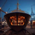 Editorial photograph of a vintage superyacht in a Mediterranean shipyard at dusk, hull opened for restoration.