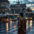 Editorial photograph at Berlin’s Kottbusser Tor at dusk, a person wearing Simon Weckert’s brightly patterned Digital.