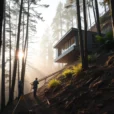 Editorial photograph of a contemporary house carefully inserted into a steep, forested hillside, viewed from below.