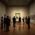 Editorial photograph inside a quiet New York museum gallery prepared for a fashion exhibition, with.