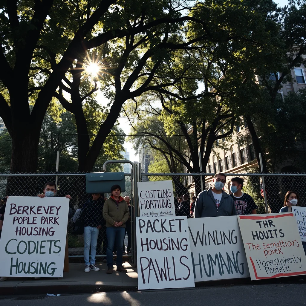 Wide editorial street scene inspired by Berkeley’s People’s Park housing conflict: students and community members stand.