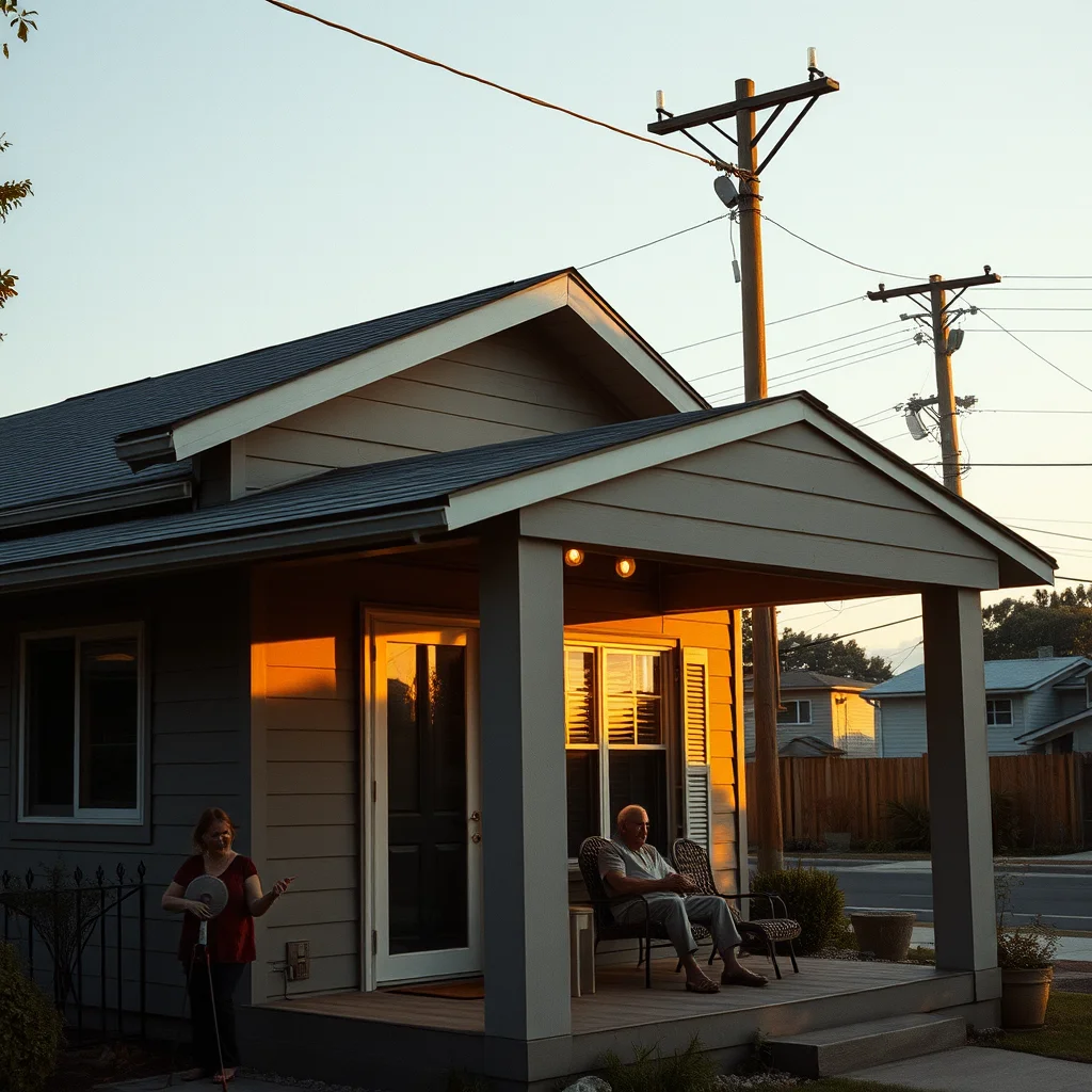 Editorial photograph of a modest contemporary home during a summer blackout, its deep overhangs and exterior.