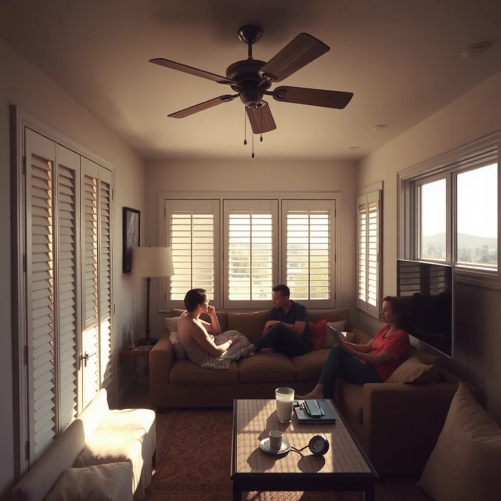 Interior editorial photograph of a compact, high-performance living room during a heatwave outage: occupants gathered.