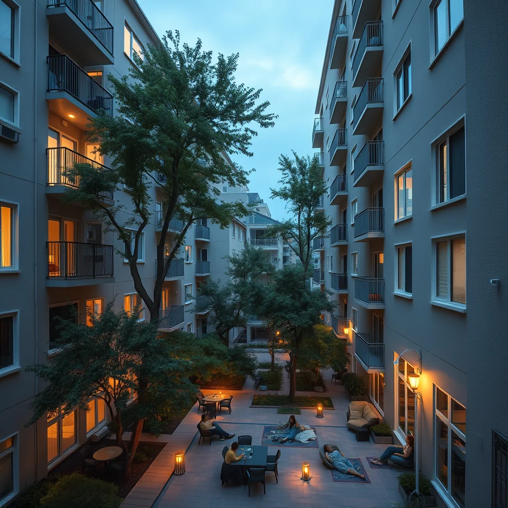 Wide editorial photograph of a multifamily housing courtyard designed for passive cooling, showing deep balconies, deciduous.