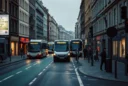 Editorial photograph of a dense European city street at early morning, showing a protected cycle lane.
