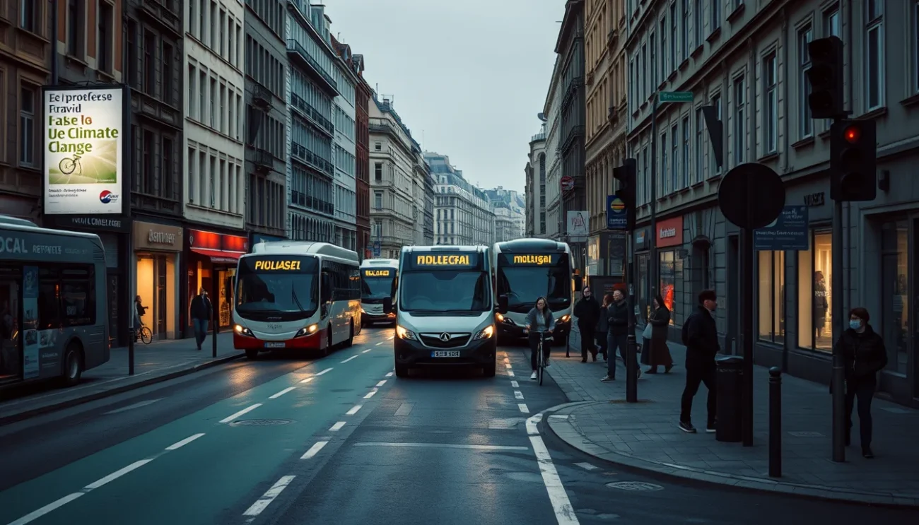 Editorial photograph of a dense European city street at early morning, showing a protected cycle lane.