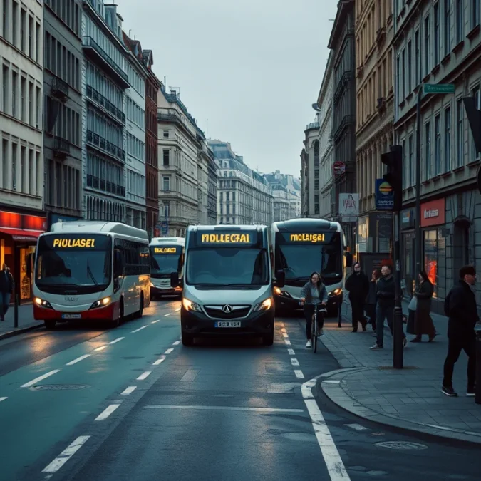 Editorial photograph of a dense European city street at early morning, showing a protected cycle lane.