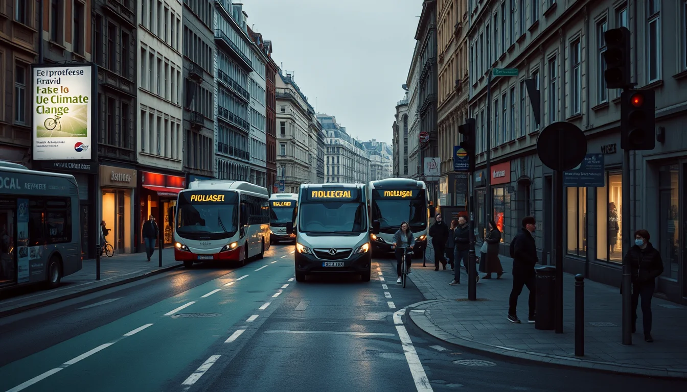 Editorial photograph of a dense European city street at early morning, showing a protected cycle lane.