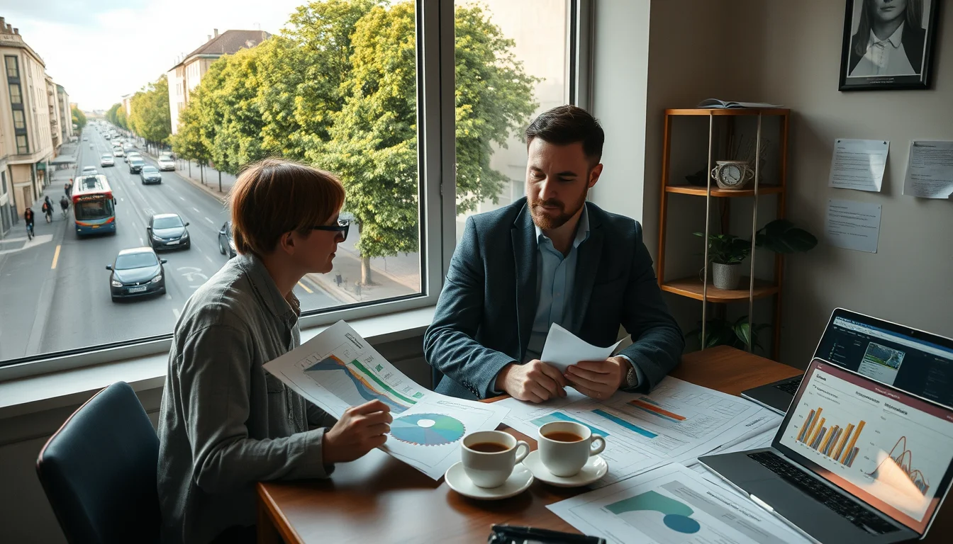 A municipal climate analyst and an architect review printed emissions charts on a table inside.