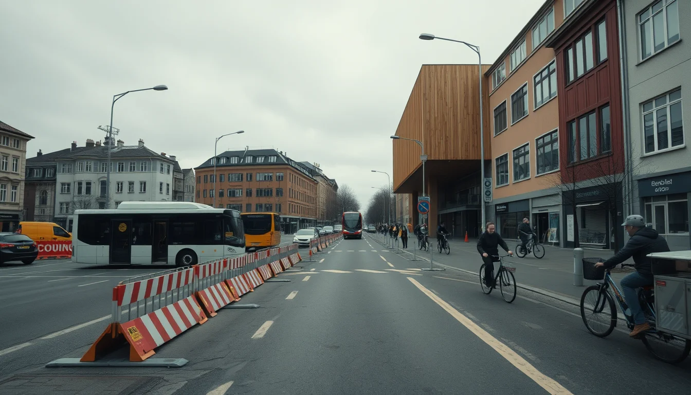Wide editorial street scene in Oslo or Copenhagen showing road space reallocated from cars to buses.