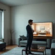 Editorial photograph of a real-estate agent and a prospective buyer standing in an empty, slightly worn.