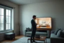 Editorial photograph of a real-estate agent and a prospective buyer standing in an empty, slightly worn.