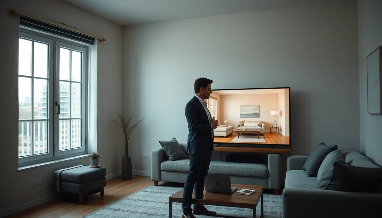 Editorial photograph of a real-estate agent and a prospective buyer standing in an empty, slightly worn.