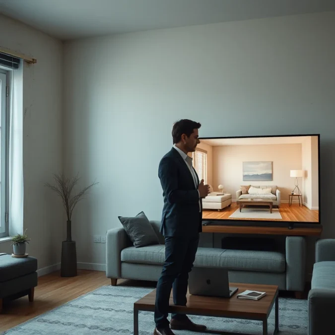 Editorial photograph of a real-estate agent and a prospective buyer standing in an empty, slightly worn.