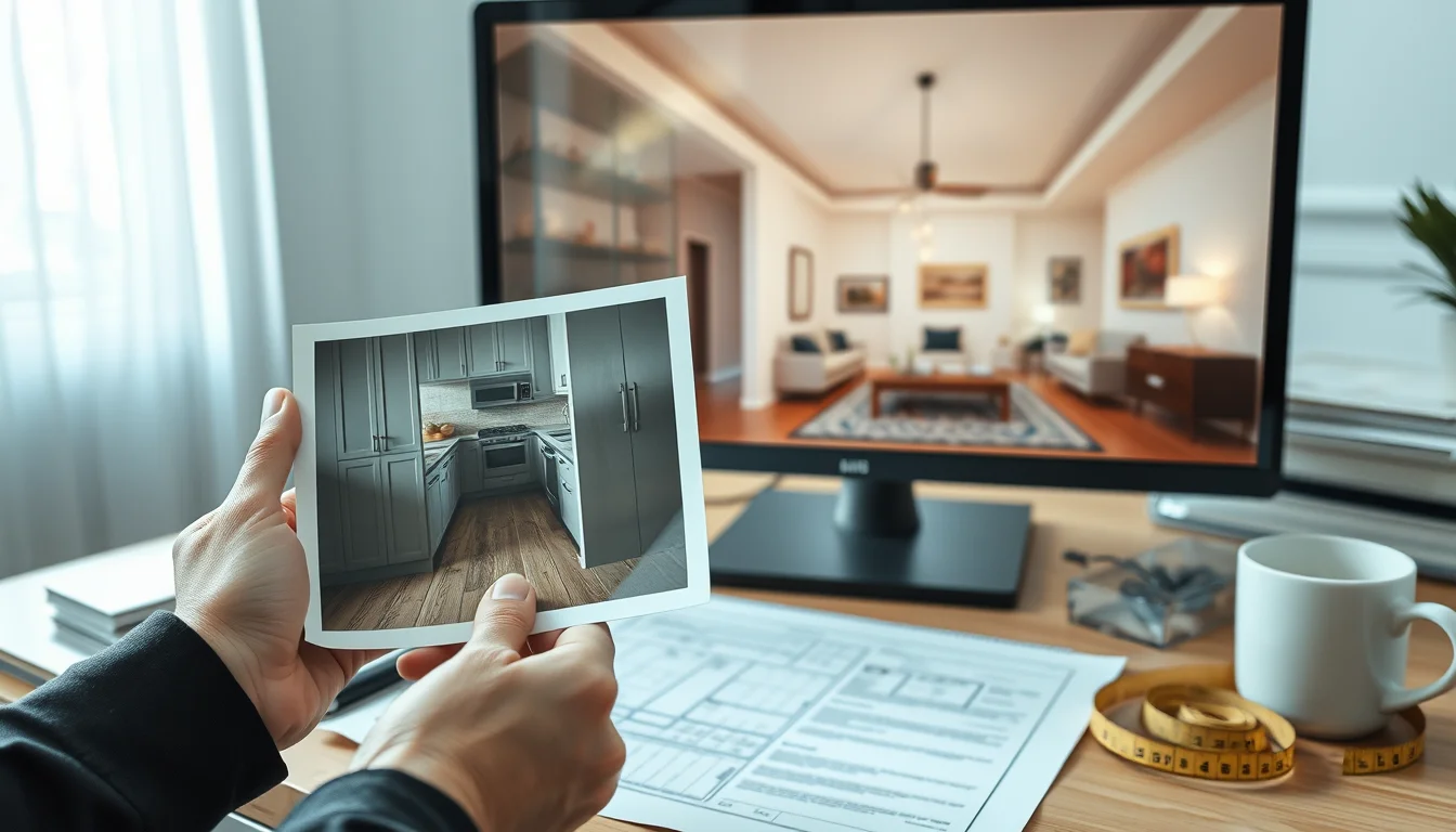 Close editorial scene at a real-estate agent's desk: one hand holds an unedited photograph of.