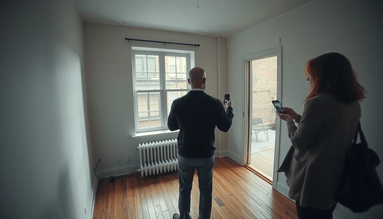 Wide-angle documentary photograph at an open house in a modest urban apartment, with visitors comparing.