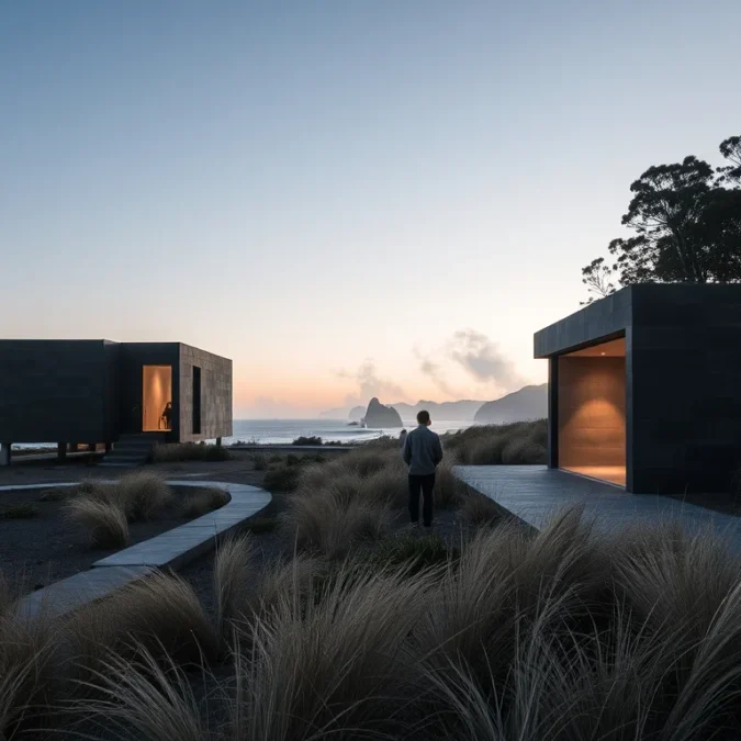 Editorial photograph of a contemporary monolithic beach house in a cleared coastal landscape near Victoria’s Otway.
