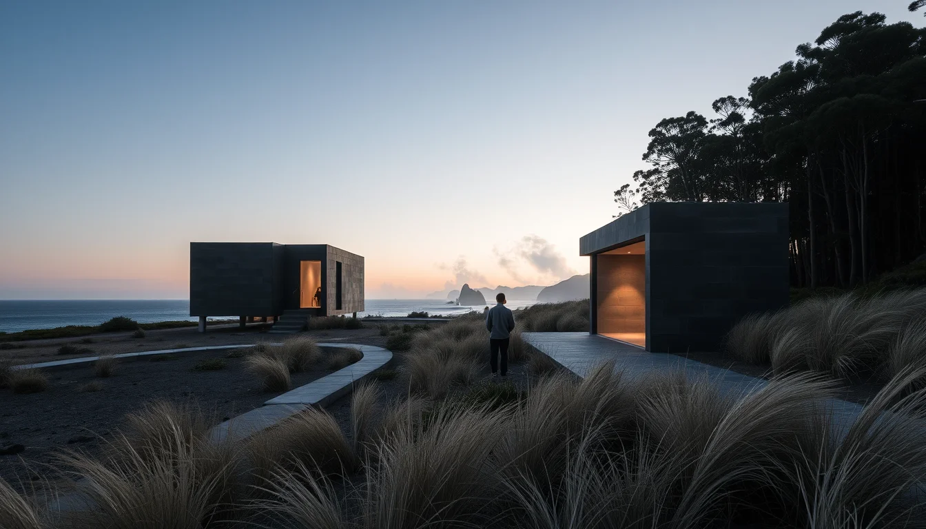 Editorial photograph of a contemporary monolithic beach house in a cleared coastal landscape near Victoria’s Otway.