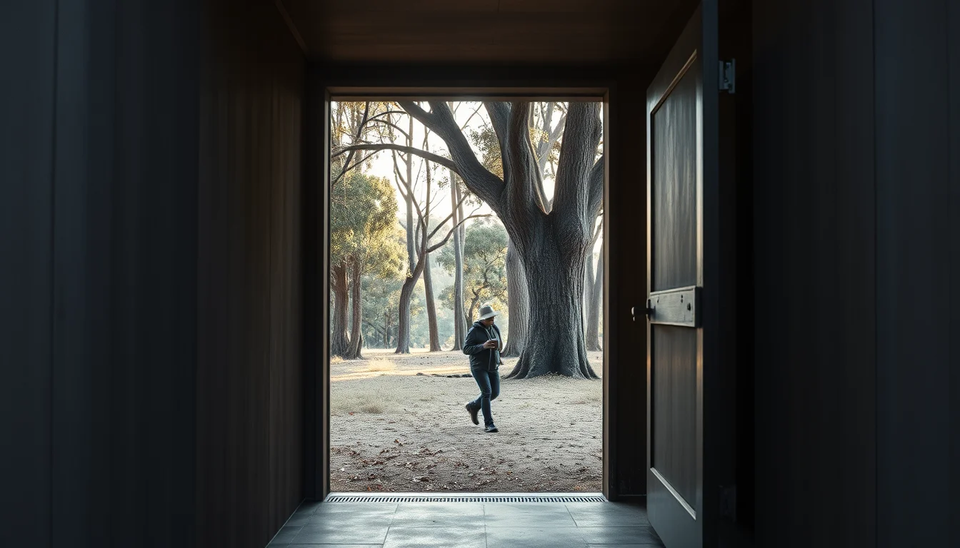 Close editorial view of a fire-resistant Australian house threshold in the Otways: a heavy wall, recessed.